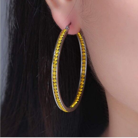 14K White Gold with Yellow Citrine Cubic Zirconia Big Hoop Latch Back Earrings - Picture 5 of 6